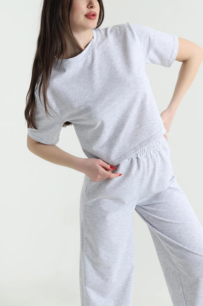 Gray Crew Neck Crystal Women's Tracksuit Set - Denoss