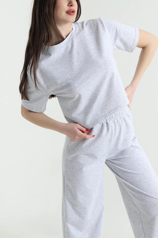Gray Crew Neck Crystal Women's Tracksuit Set - Denoss
