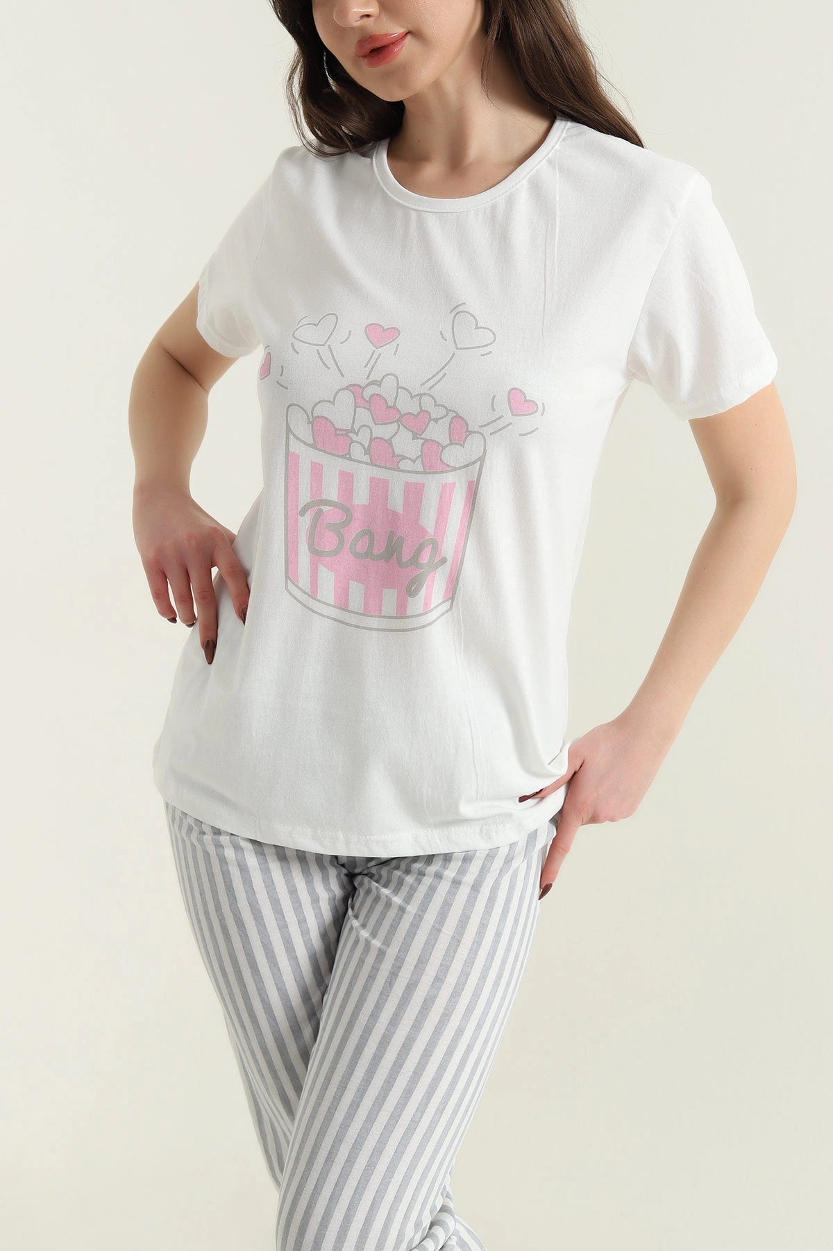 Gray Short Sleeve Single Jersey Women's Pajama Set - Denoss