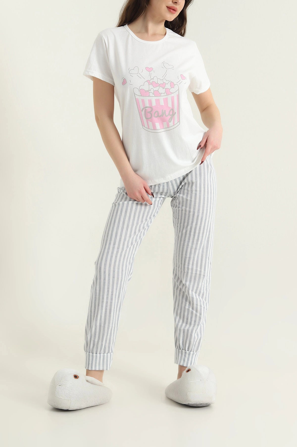 Gray Short Sleeve Single Jersey Women's Pajama Set - Denoss