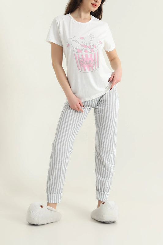 Gray Short Sleeve Single Jersey Women's Pajama Set - Denoss