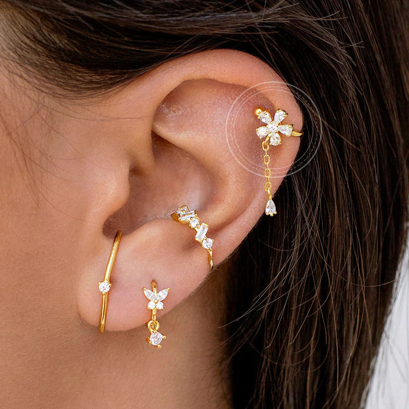 Dainty Flower CZ Dangling Chain Drop Hoop Earrings