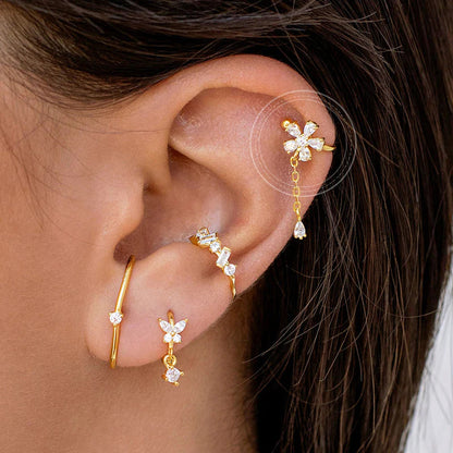 Dainty Flower CZ Dangling Chain Drop Hoop Earrings