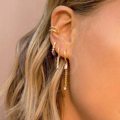Dainty Baguette CZ Dangling Chain Drop Hoop Earrings