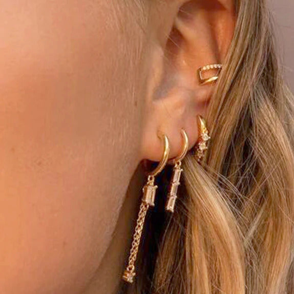 Dainty Baguette CZ Dangling Chain Drop Hoop Earrings
