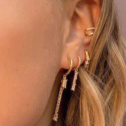 Dainty Baguette CZ Dangling Chain Drop Hoop Earrings