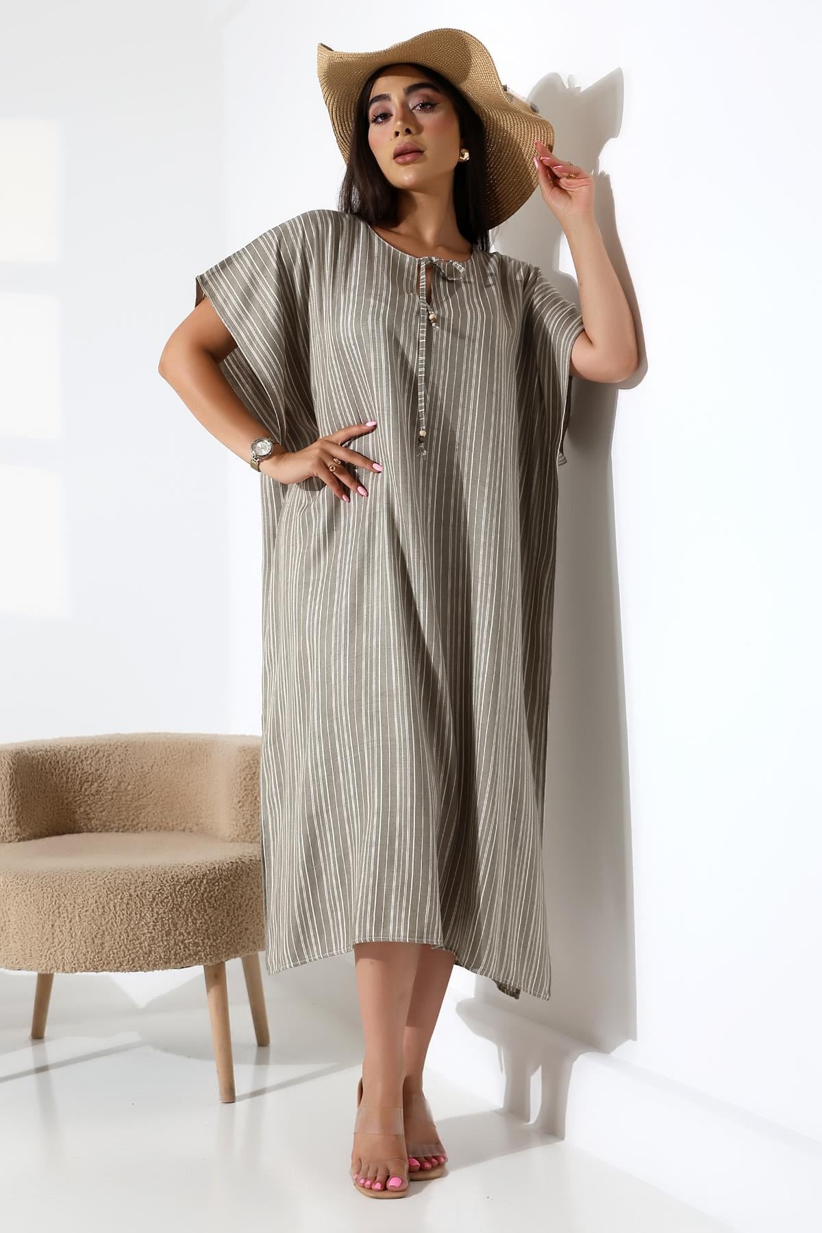 Khaki Striped Kaftan Dress - Denoss