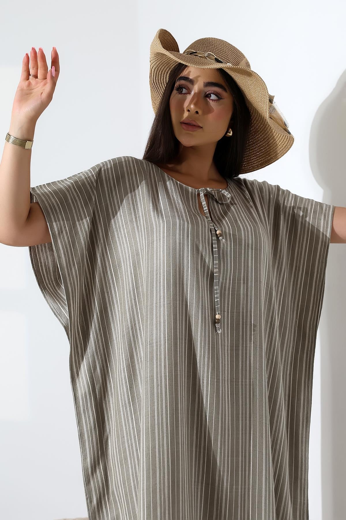 Khaki Striped Kaftan Dress - Denoss