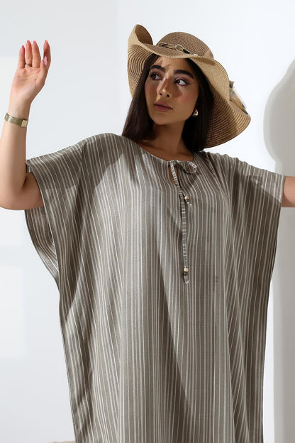 Khaki Striped Kaftan Dress - Denoss