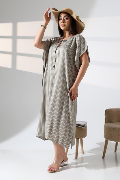 Khaki Striped Kaftan Dress - Denoss