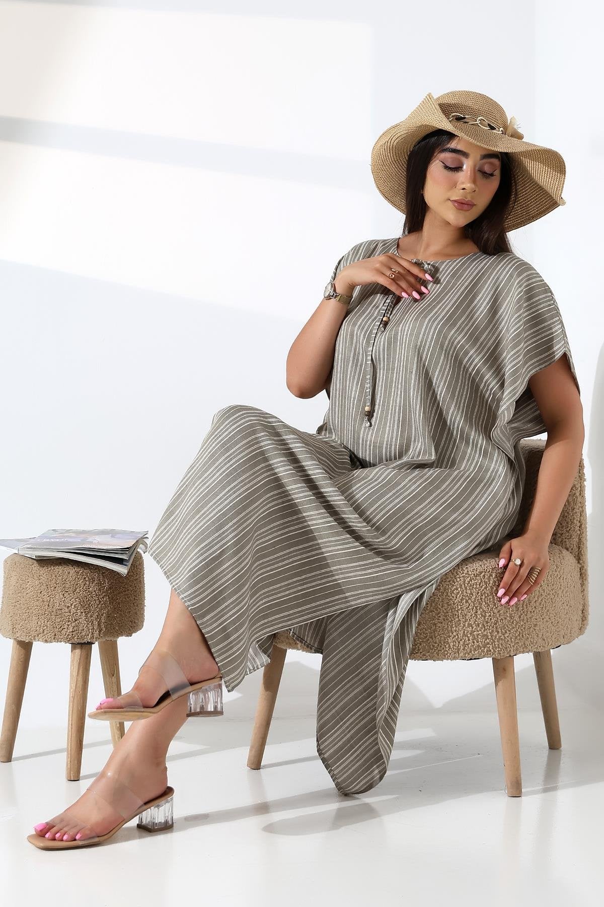 Khaki Striped Kaftan Dress - Denoss