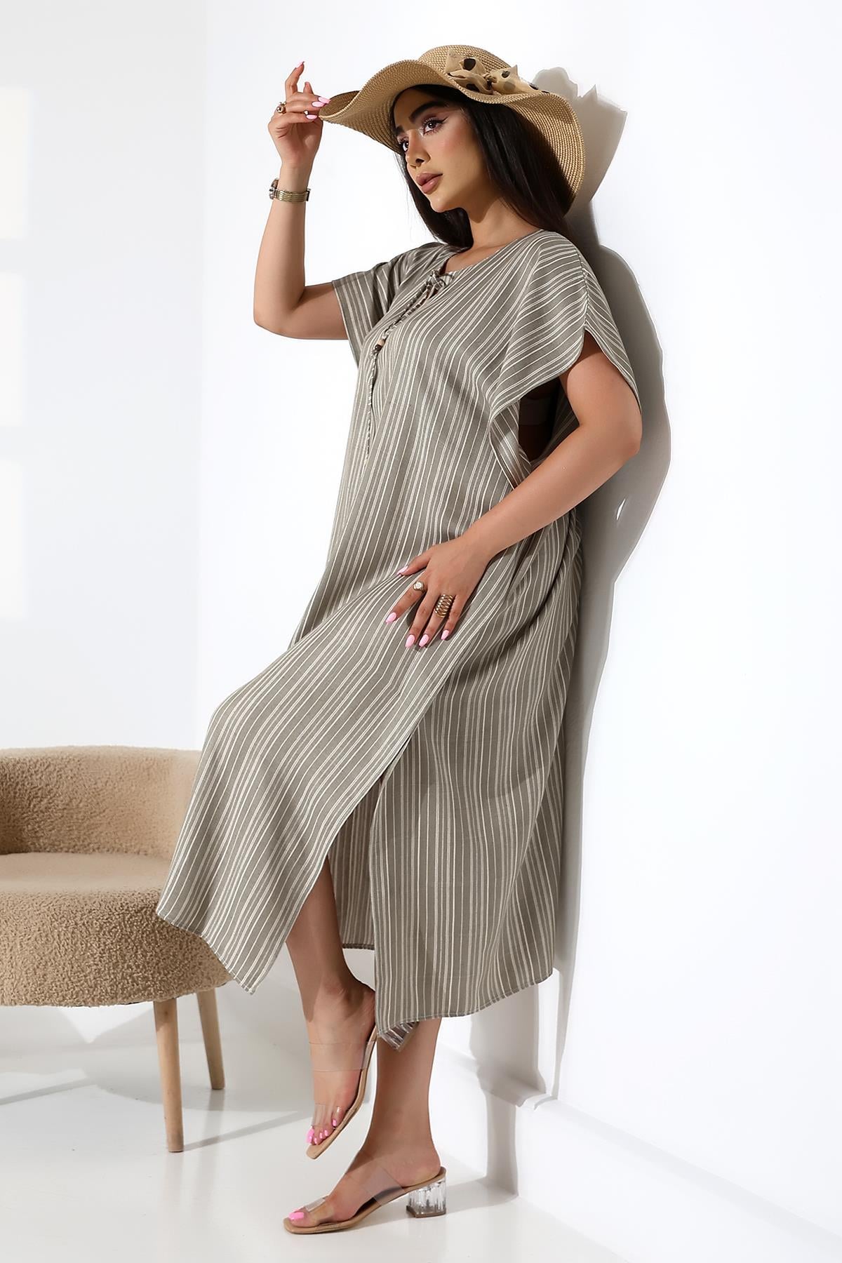 Khaki Striped Kaftan Dress - Denoss