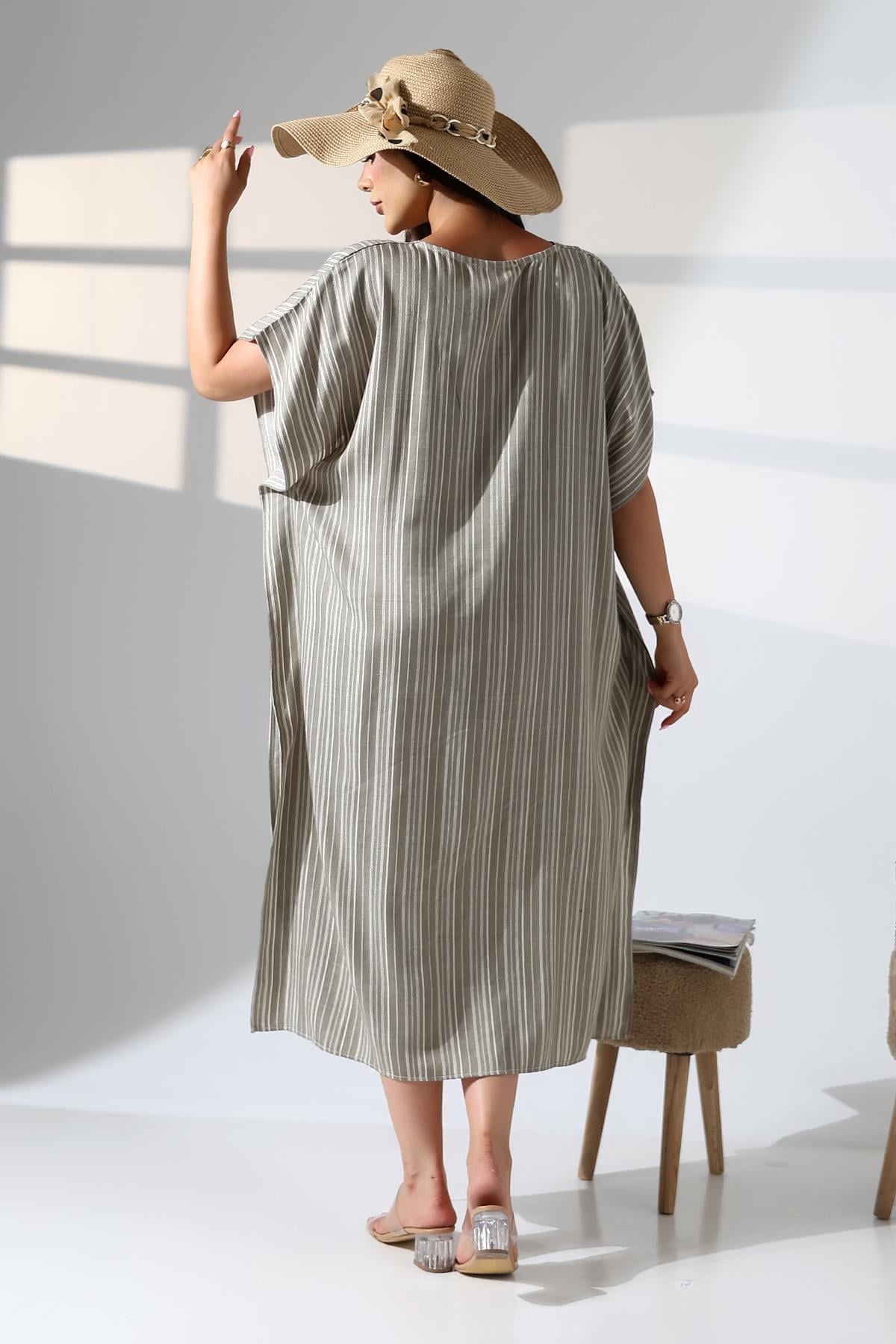 Khaki Striped Kaftan Dress - Denoss