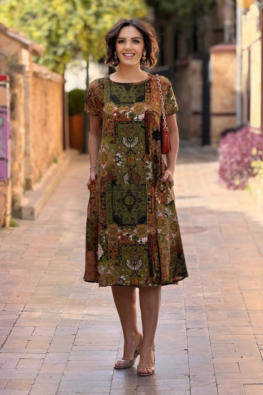 Haki Patch Round Neck Plus Size Dress - Denoss