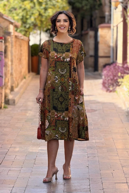 Haki Patch Round Neck Plus Size Dress - Denoss