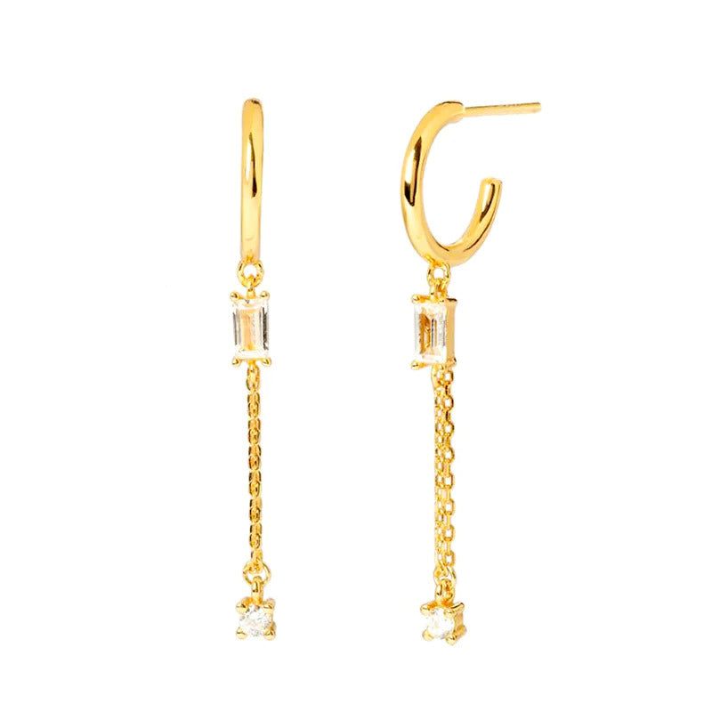Dainty Baguette CZ Dangling Chain Drop Hoop Earrings