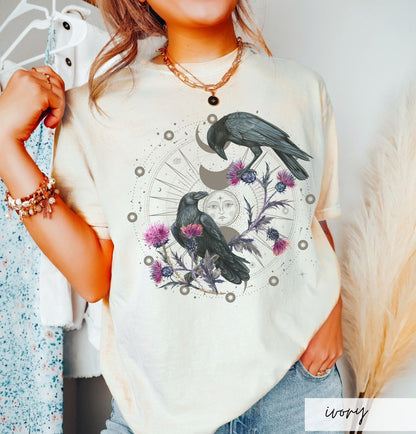 Celestial Raven Thistle Comfort Colors Tshirt,Moon Phase Bird Lover Gift