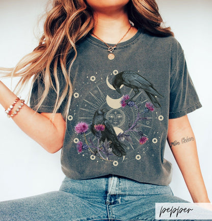 Celestial Raven Thistle Comfort Colors Tshirt,Moon Phase Bird Lover Gift