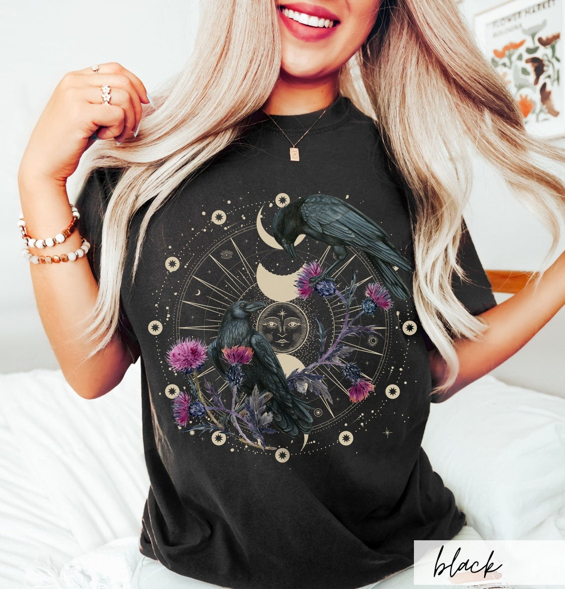 Celestial Raven Thistle Comfort Colors Tshirt,Moon Phase Bird Lover Gift