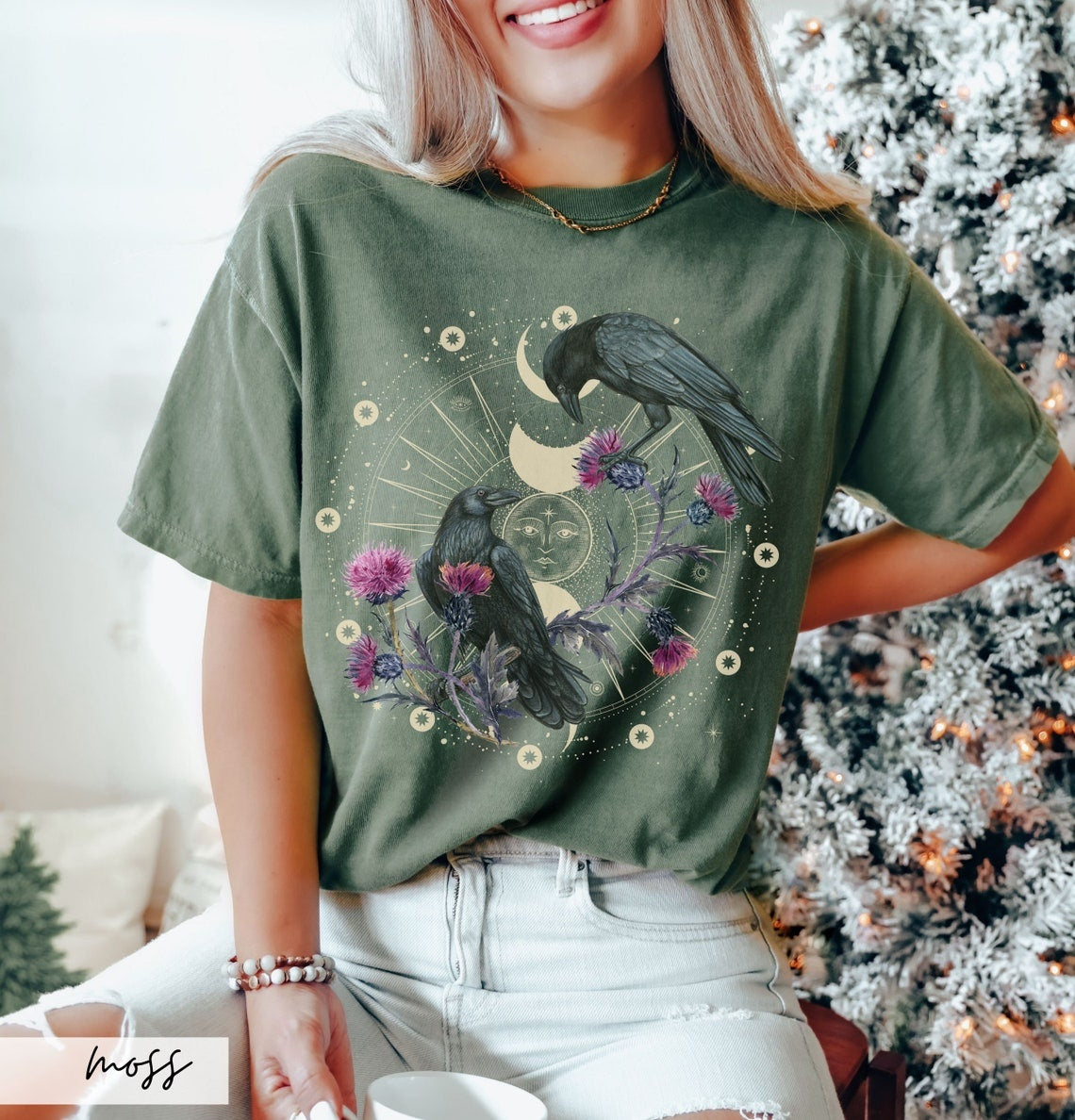 Celestial Raven Thistle Comfort Colors Tshirt,Moon Phase Bird Lover Gift