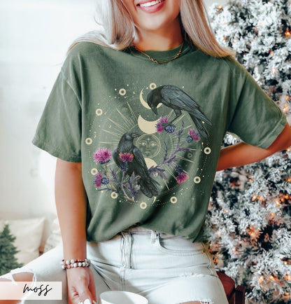 Celestial Raven Thistle Comfort Colors Tshirt,Moon Phase Bird Lover Gift