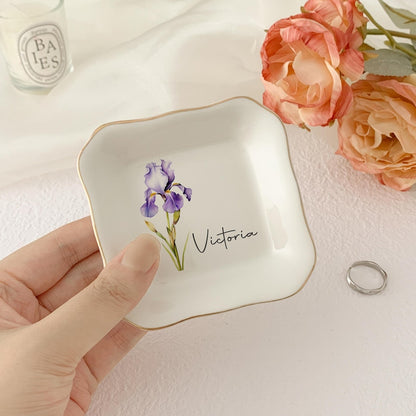 Personalized Birth Flower Trinket Dish,Custom Watercolor Flower Ring Dish,Christmas Gifts,Wedding Bridesmaid Gift,Birthday Jewelry Dish