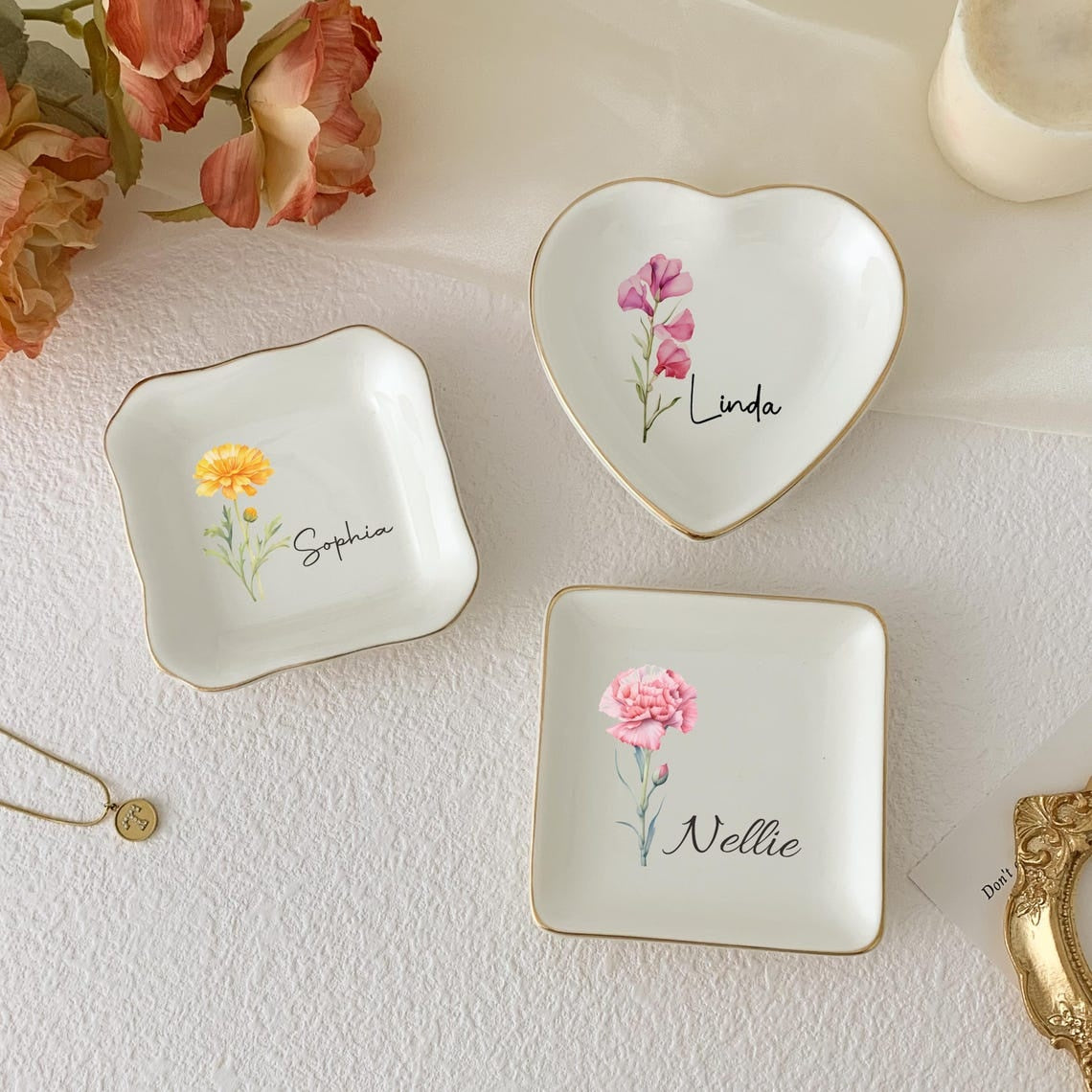 Personalized Birth Flower Trinket Dish,Custom Watercolor Flower Ring Dish,Christmas Gifts,Wedding Bridesmaid Gift,Birthday Jewelry Dish