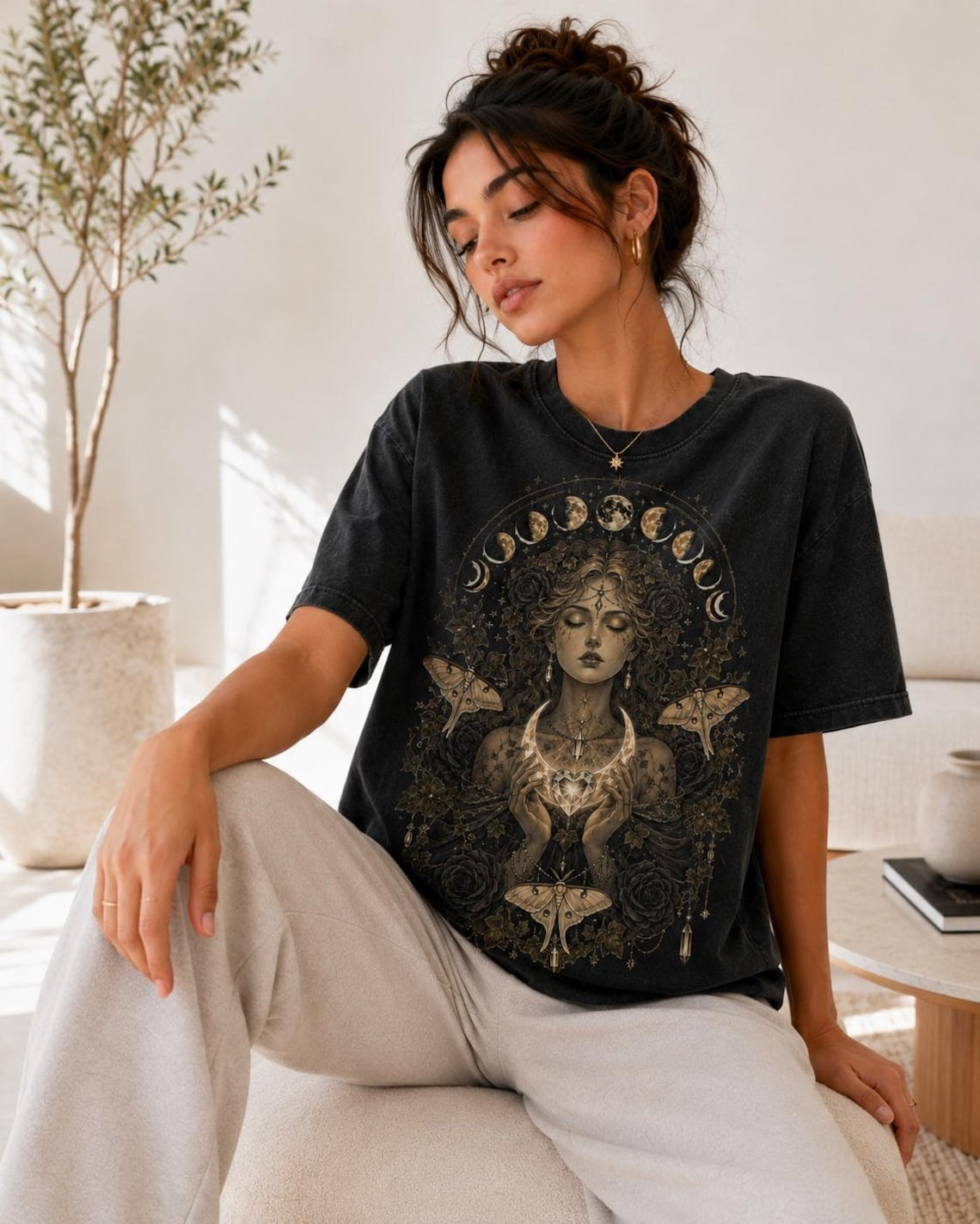 Celestial Winged Goddess Comfort Colors T-Shirt,Moon Phase Gothic Graphic