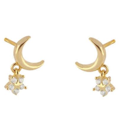 Dainty Crescent Moon With Dangling CZ Star Shaped Charm Stud Earrings