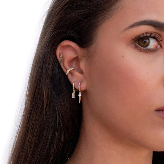 Dainty Baguette CZ Stud Earrings With Dangling Spike Charm