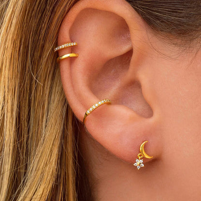 Dainty Crescent Moon With Dangling CZ Star Shaped Charm Stud Earrings