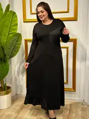Plus Size Black Leather and Stone Detail Special Design Dress - Denoss