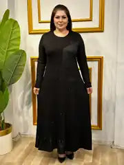 Plus Size Black Leather and Stone Detail Special Design Dress - Denoss