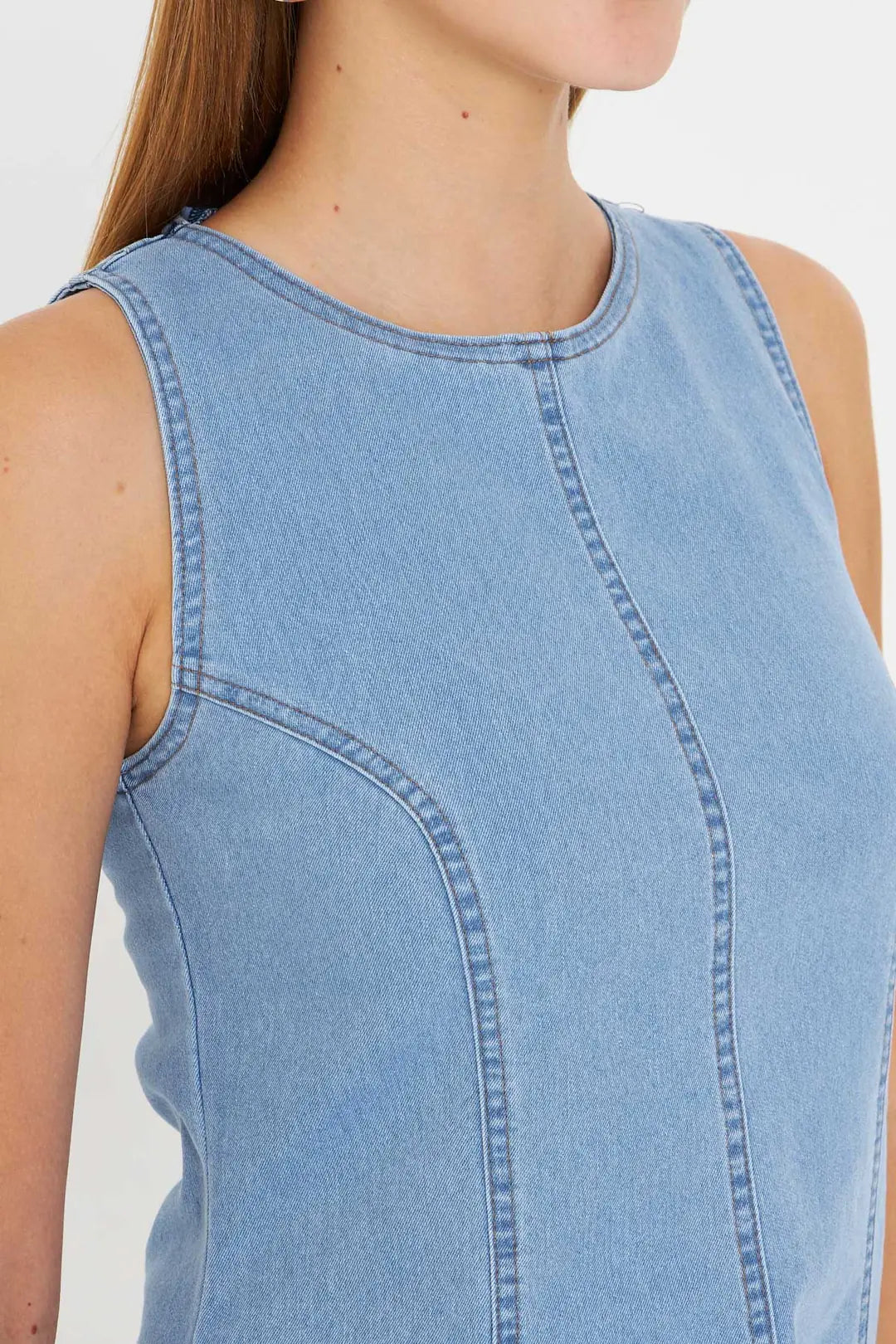 Women's Light Blue Body-Fitting Denim Flared Dress - Denoss