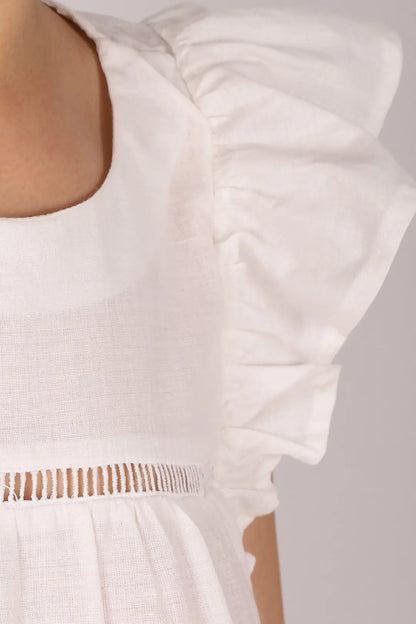 Women's White Crew Neck Short Blouse with Ruffled Sleeves and Lace Detail - Denoss