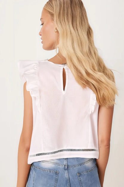 Women's White Crew Neck Short Blouse with Ruffled Sleeves and Lace Detail - Denoss