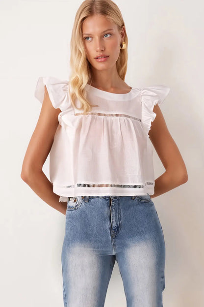 Women's White Crew Neck Short Blouse with Ruffled Sleeves and Lace Detail - Denoss