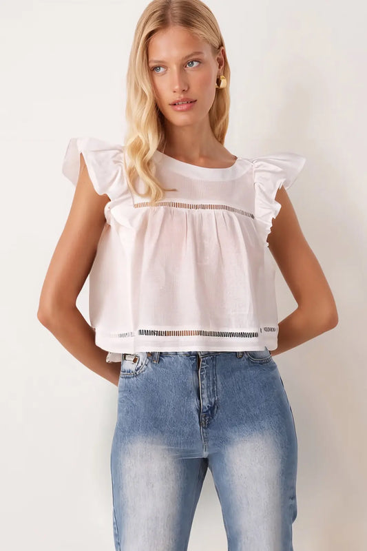 Women's White Crew Neck Short Blouse with Ruffled Sleeves and Lace Detail - Denoss