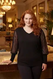 Women's Wide-Sized Blouse with Transparent Suede Wave Detail on Sleeves - Denoss