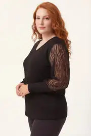 Women's Wide-Sized Blouse with Transparent Suede Wave Detail on Sleeves - Denoss