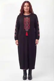 Plus Size Long Sleeves Embroidered Black Boho Dress - Denoss