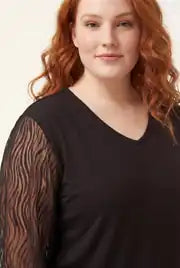 Women's Wide-Sized Blouse with Transparent Suede Wave Detail on Sleeves - Denoss