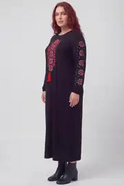 Plus Size Long Sleeves Embroidered Black Boho Dress - Denoss