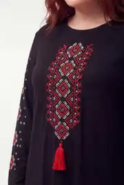 Plus Size Long Sleeves Embroidered Black Boho Dress - Denoss