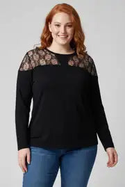 Women's Plus Size Transparent Tulle Detail Black Blouse - Denoss