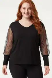 Women's Plus Size Blouse with Transparent Stripe Sleeve Detail - Denoss
