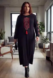Plus Size Long Sleeves Embroidered Black Boho Dress - Denoss