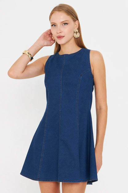 Women's Navy Blue Body-Fitting Denim Flared Dress - Denoss
