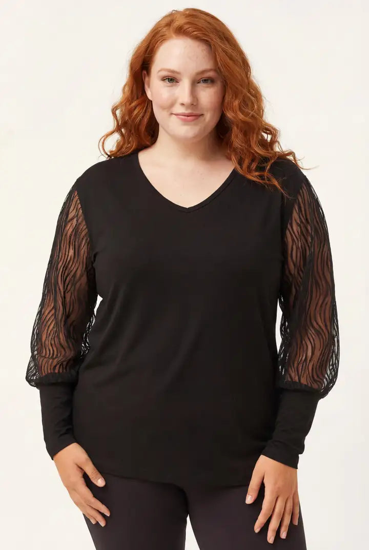 Women's Wide-Sized Blouse with Transparent Suede Wave Detail on Sleeves - Denoss