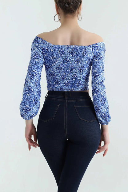 Indigo Crinkle Patterned Women's Blouse - Denoss